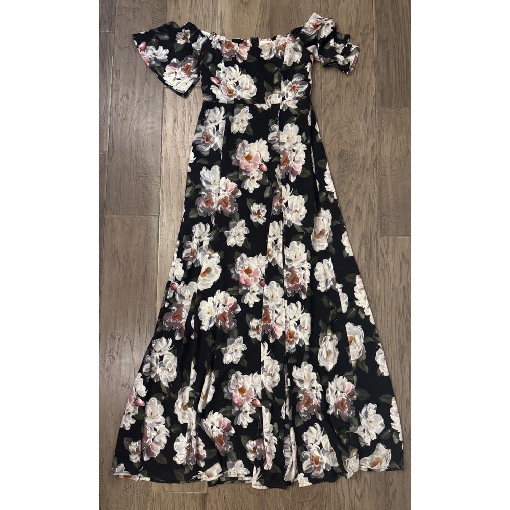 Re:named Womens Floral Off Shoulder Maxi Dress Black Pink White Small Front Slit